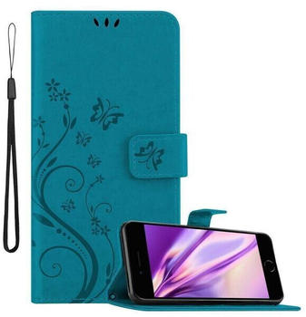 Cadorabo Hülle für Apple iPhone 7 / 7S / 8 / SE 2020 in FLORAL BLAU Handyhülle im Blumen Design mit Magnetverschluss, Standfunktion und 3 Kartenfächern