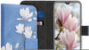 kwmobile Samsung Galaxy A20e Hülle - Kunstleder Wallet Case für Samsung Galaxy A20e mit Kartenfächern und Stand - Magnolien Design Taupe Weiß Blaugrau