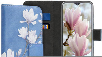 kwmobile Samsung Galaxy A20e Hülle - Kunstleder Wallet Case für Samsung Galaxy A20e mit Kartenfächern und Stand - Magnolien Design Taupe Weiß Blaugrau