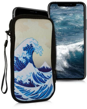 kwmobile Handytasche für Smartphones L - 6,5" - Neopren Handy Tasche Hülle Cover Case Schutzhülle - Japanische Welle Blau Weiß Beige - 16,2 x 8,3 cm Innenmaße