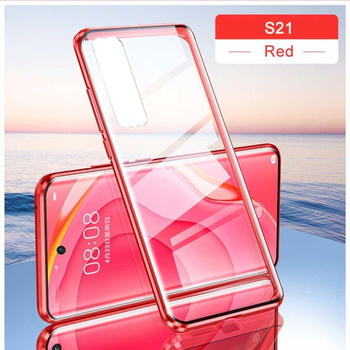 Wigento Beidseitiger 360 Grad Magnet / Glas Case Rot für Samsung Galaxy S21 G991B