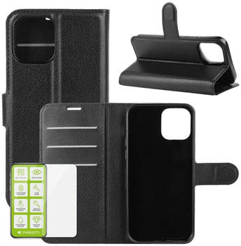 Wigento Für Apple iPhone 13 Pro Max Tasche Wallet Premium Schwarz Schutz Hülle Case Cover Etui + 026mm H9 2.5 Hart Glas