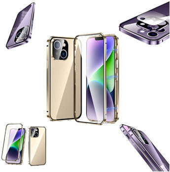 Wigento Für Apple iPhone 14 Plus Beidseitiger 360 Grad Magnet Glas Hülle Handy Tasche Bumper Gold