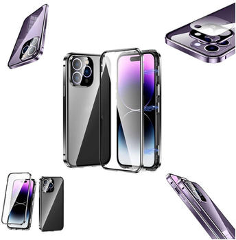 Wigento Für Apple iPhone 14 Pro Max Beidseitiger 360 Grad Magnet Glas Hülle Handy Tasche Bumper Schwarz