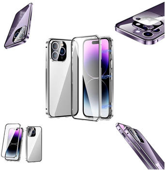 Wigento Für Apple iPhone 14 Pro Max Beidseitiger 360 Grad Magnet Glas Hülle Handy Tasche Bumper Silber