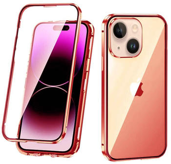 Wigento Für Apple iPhone 14 Beidseitiger 360 Grad Magnet Glas Hülle Handy Tasche Bumper Rot