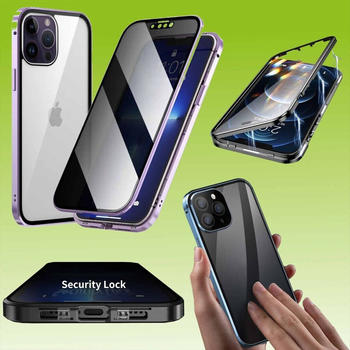 Wigento Für Apple iPhone 14 Pro Beidseitiger 360 Grad Magnet / Glas Privacy Mirror Case Hülle Handy Tasche Bumper Lila