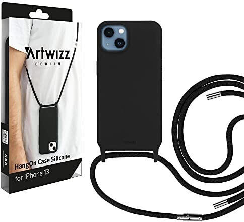 Artwizz HangOn Case kompatibel mit iPhone 13 - Elastische Schutzhülle aus Silikon als Handykette zum Umhängen mit Band - Schwarz