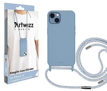 Artwizz HangOn Case kompatibel mit iPhone 14 - Elastische Schutzhülle aus Silikon als Handykette zum Umhängen mit Band - Nordic Blue