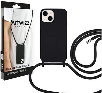 Artwizz HangOn Case kompatibel mit [iPhone 13 Mini] - Elastische Schutzhülle aus Silikon als Handykette zum Umhängen mit Band - Schwarz
