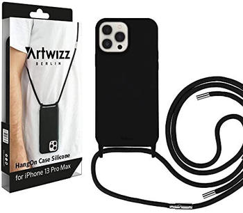 Artwizz HangOn Case kompatibel mit iPhone 13 Pro Max - Elastische Schutzhülle aus Silikon als Handykette zum Umhängen mit Band - Schwarz