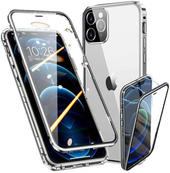 Wigento Für Apple iPhone 13 Pro Max Beidseitiger 360 Grad Magnet / Glas Case Hülle Handy Tasche Bumper Silber