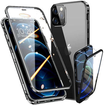 Wigento Für Apple iPhone 13 Pro Max Beidseitiger 360 Grad Magnet / Glas Case Hülle Handy Tasche Bumper Schwarz