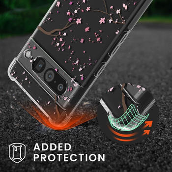 kwmobile Hülle kompatibel mit Google Pixel 7 Pro - Silikon Handyhülle mit Kette - Rosa Dunkelbraun Transparent Kirschblütenblätter