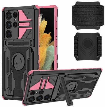 Wigento Für Samsung Galaxy S23 Ultra Shockproof Armor Hülle mit Armband TPU Schutz Tasche Hülle Cover Pink