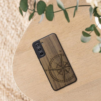 kwmobile Hülle kompatibel mit Samsung Galaxy S21 FE - Handyhülle Holz TPU Cover - Kompass Vintage Dunkelbraun