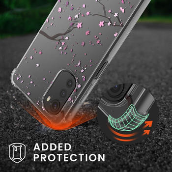 kwmobile Hülle kompatibel mit Motorola Moto E32 / Moto E32s - Silikon Handyhülle mit Kette - Rosa Dunkelbraun Transparent Kirschblütenblätter