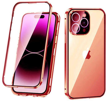 Wigento Für Apple iPhone 14 Pro Max Beidseitiger 360 Grad Magnet Glas Hülle Handy Tasche Bumper Rot