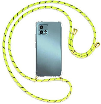 mtb Handykette kompatibel mit Motorola Moto G72 - Neon-Gelb gestreift/Gold - Smartphone Hülle zum Umhängen - Anti Shock Full TPU Case