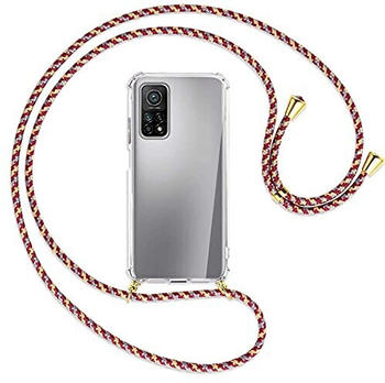 mtb Handykette kompatibel mit Xiaomi Mi 10T (Pro) 5G (6.67'') - rot+gelb gestreift/Gold - Smartphone Hülle zum Umhängen - Anti Shock Full TPU Case