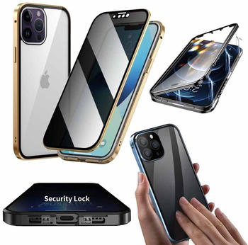 Wigento Für Apple iPhone 14 Pro Max Beidseitiger 360 Grad Magnet / Glas Privacy Mirror Case Hülle Handy Tasche Bumper Gold