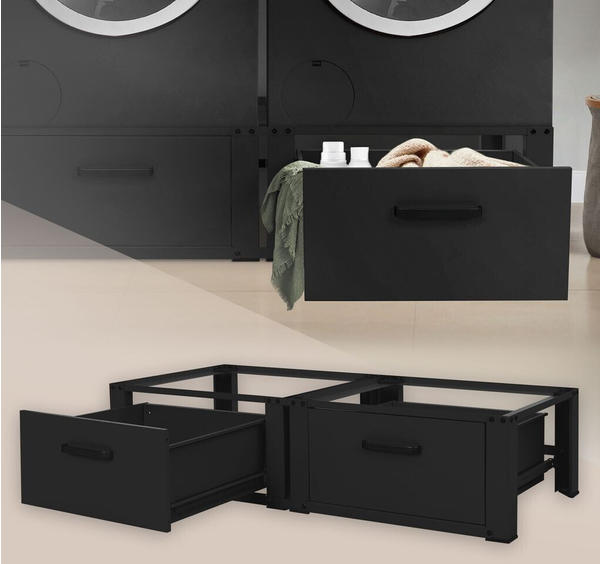 ML-Design Doppel Waschmaschinen Untergestell, 128x53,5x31,5 cm, Schwarz, aus Stahl, inkl. 2 Schubladen, bis 150kg,