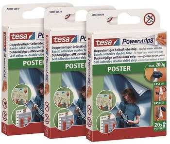 tesa Powerstrips POSTER (3 x 20 Stck.) Kebestrips - selbstklebend - bis 200 g