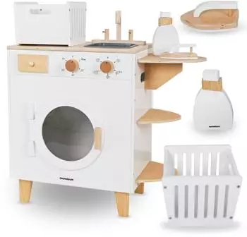Mamabrum Kinder-Waschmaschinen-Set aus Holz mit Bügeleisen & Wäschekorb (MAM163 WASHER)