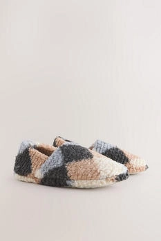 Next Fashion Teddy Fur Slippers grey argyle