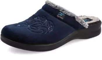 Fly Flot Slipper Velvet House Shoe Floral Embroidery Plush Insole (320251) dunkelblau