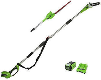 Greenworks G40PSHK2 2-in-1 Akku Stabheckenschere & Akku Hochentaster mit Schultergurt, Astsäge 20 cm Klinge, Heckenschere 51 cm Doppelklingen, 40V 2Ah Akku & Ladegerät, 3 Jahre Garantie