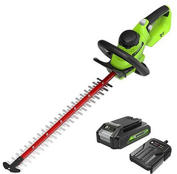 Greenworks Akku-B&uuml;rstenlose Heckenschere 24V GD24HT61K2, 61cm Dual Action Klinge, schneidet bis zu 25.4mm dicke Zweige und St&auml;mme 3200 spm mit 2Ah Akku-Ladeger&auml;t, 3-Jahres-Garantie
