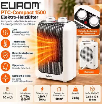 Eurom PTC-Compact 1500 Keramik-Heizl&uuml;fter 750/1500W (342772)