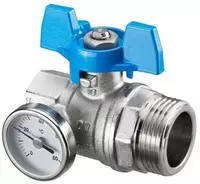 OV Kugelhahn, blauer Griff m.Thermometer, 1IG x 1AG, flachdicht.
