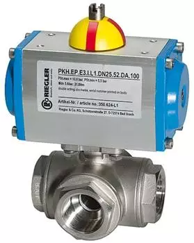 Riegler Edelstahl-Kugelhahn pneumat. Stellantrieb doppeltwirkend T-Bohrung Rp1&frac14; (350.915-T2)