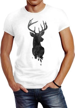 Neverless T-Shirt Hirsch Geweih Kopf Watercolor Polygon Slim Fit