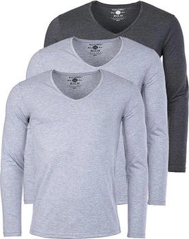 Young & Rich Uni Longsleeve Basic Langarm T-Shirt Slimfit grau melange 3er Pack