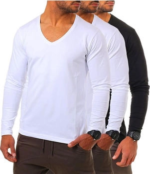 Young & Rich Langarm Shirt tiefem V-Ausschnitt 2239 3er Pack weiß schwarz
