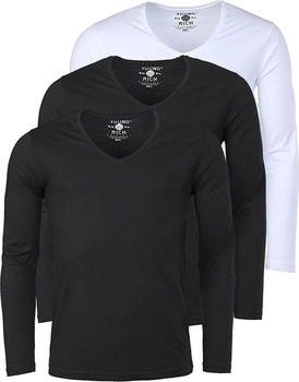 Young & Rich Uni Longsleeve Basic Langarm T-Shirt V-Ausschnitt Slimfit Stretch 3er Pack schwarz weiß