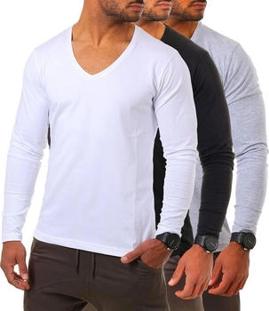 Young & Rich Langarm Shirt tiefem V-Ausschnitt 2239 weiß schwarz grau melange