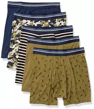 Amazon Essentials Tag-free Boxer Shorts 5-Pack (S17AE80004) armeegrün/dunkelblau/krieger/schwarz weiß streifen/tarnmuster