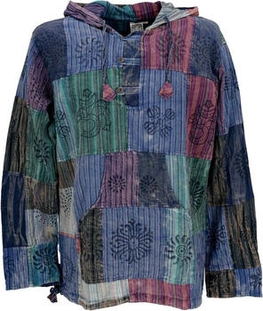 Guru-Shop Yoga Hemd Goa Hemd Patchwork Sweatshirt Freizeit Hoodie blau Baumwolle