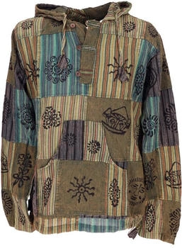 Guru-Shop Yoga Hemd Goa Hemd Patchwork Sweatshirt Freizeit Hoodie grün Baumwolle