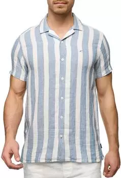 Indicode Kurzarmhemd blau copen blau gestreift 55% Leinen 45% Baumwolle regular fit