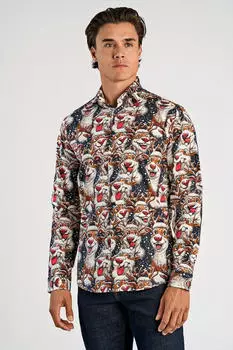 Lindbergh Langarmhemd mit weihnachtlichem All-Over Print Regular Fit (LIH1599001000003) cognac/rot/schwarz/weiß