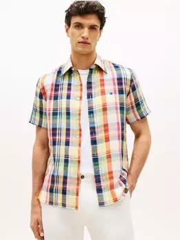 Tommy Hilfiger Linen Blend Check Plaid Kurzarmhemd Regular Fit orange/pink/gelb