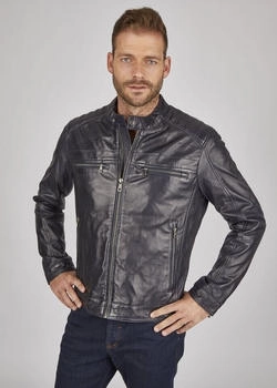 Bugatti Lederjacke BUAMADEO Stehkragen Druckknopfriegel dunkelblau