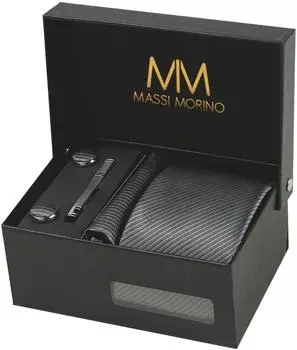 Massi Morino Krawattenset gestreift grau, Herren, mit Einstecktuch & Manschettenknöpfen (5676751)