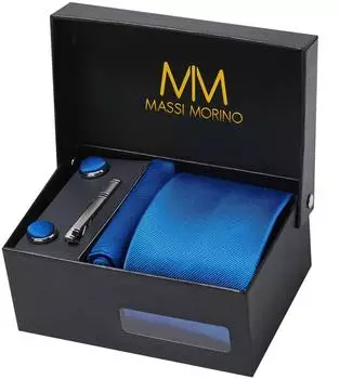 Massi Morino Krawattenset royalblau mit Einstecktuch, Manschettenknöpfen und Krawattenklammer, Herren