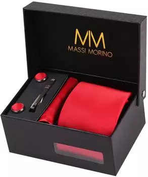 Massi Morino Krawattenset mit Einstecktuch, Manschettenknöpfen und Krawattenklammer, Herren, rot